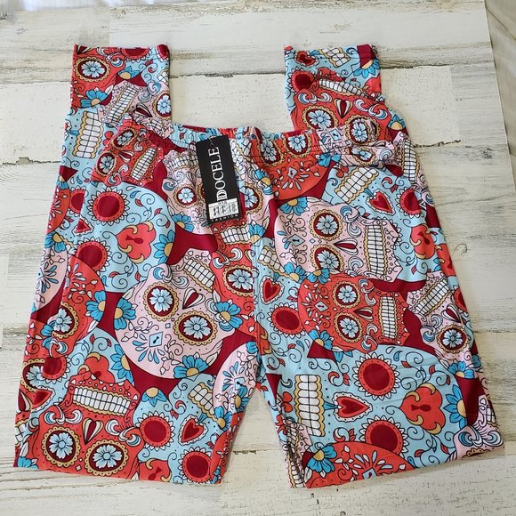 Red Pink Blue Hearts Skulls Halloween Women's Leggings OSFM - Picture 3 of 4